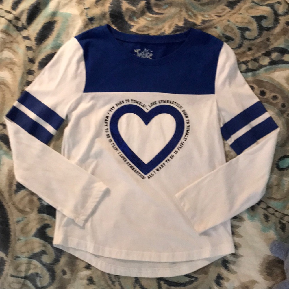 Justice blue & white long sleeve gymnastics shirt